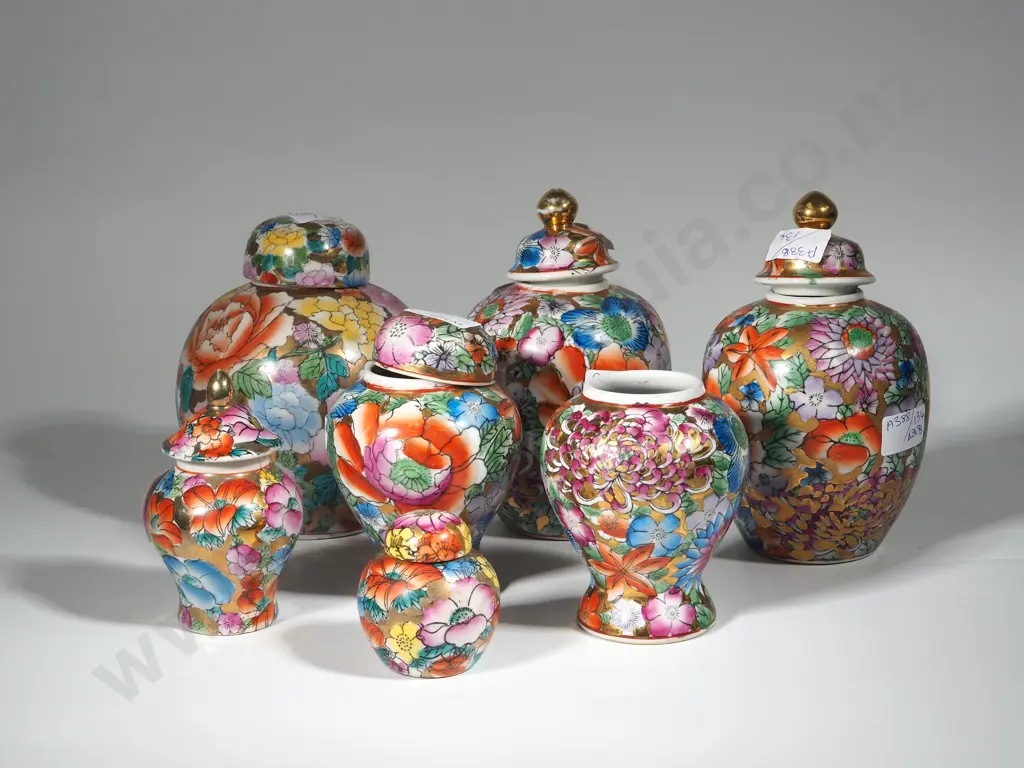 Collection of Three Ginger Jars & Three LIdded Jars with Allover Floral Decoration and Gilt Enhanced   Image 1++