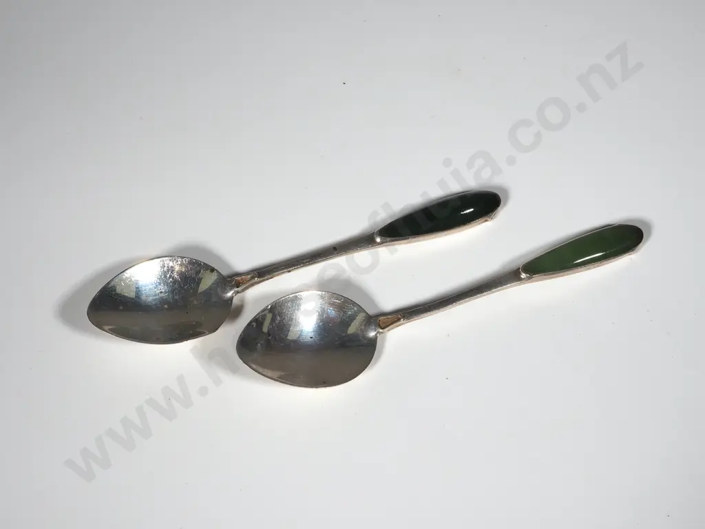 Two Sterling Silver & Greenstone Tea Spoons Image 1++