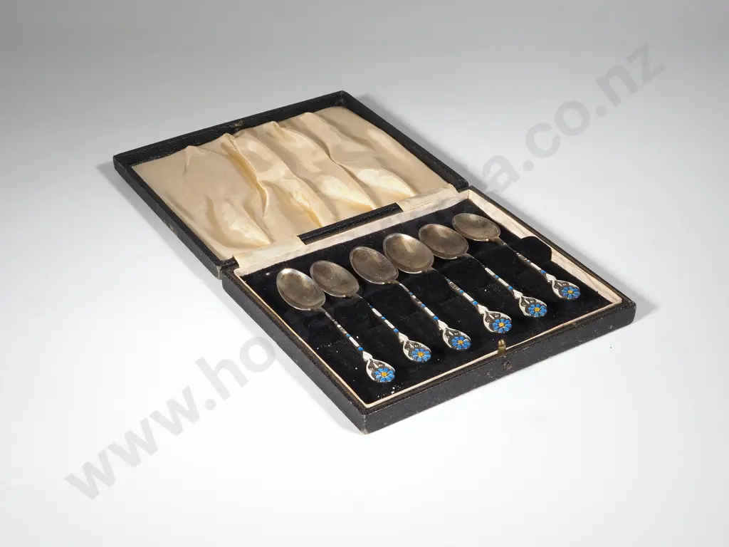 Box Set Of Six Sterling Silver & Enamel Coffee Spoons Image 1++