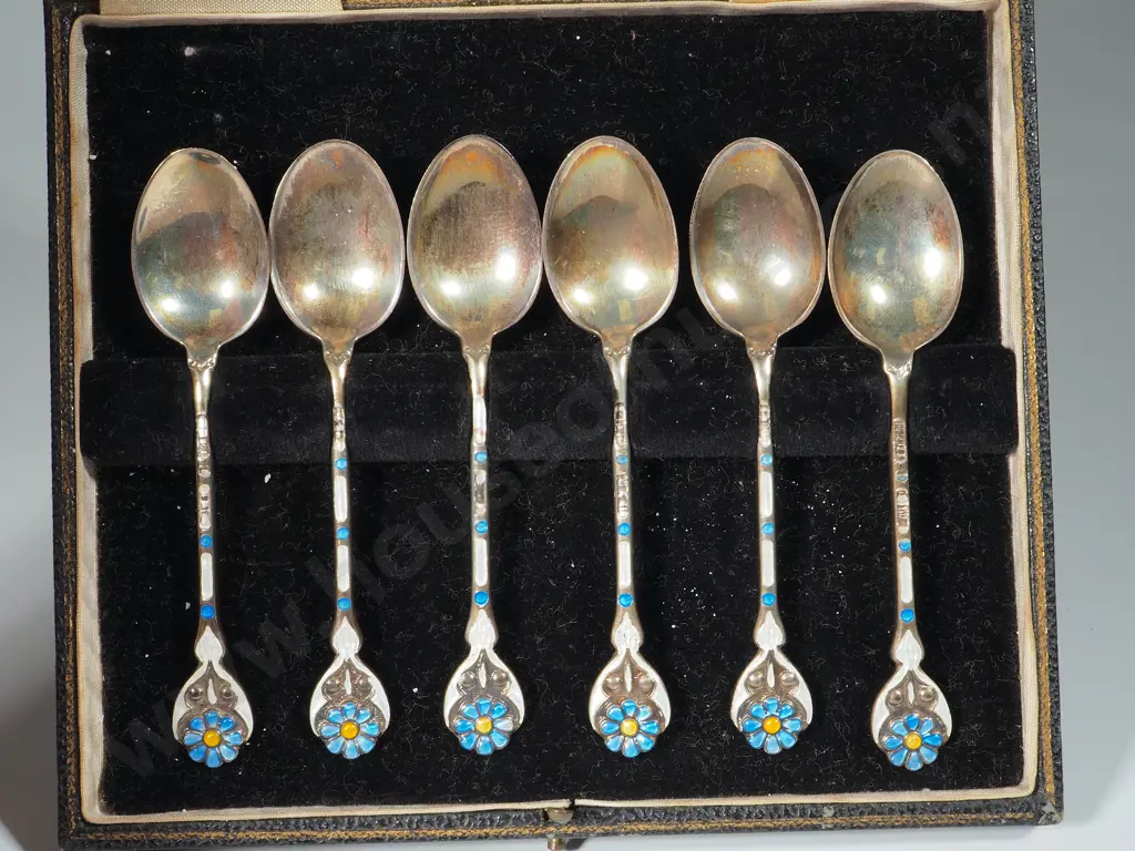 Box Set Of Six Sterling Silver & Enamel Coffee Spoons Image 1++