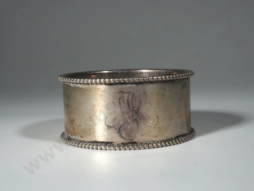 Oversized Sterling Silver Napkin Ring with Beaded Border  Image 1++