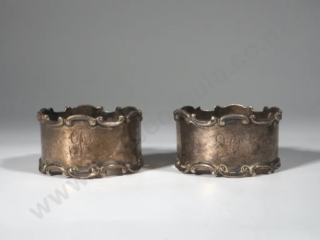 Pair Of Sterling Silver Napkin/ Serviette Rings With Plain Body &  Scroll Edges Image 1++