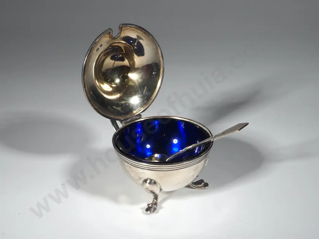 Sterling Silver Mustard Pot w Glass & Spoon Image 1++