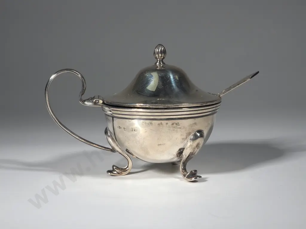 Sterling Silver Mustard Pot w Glass & Spoon Image 1++