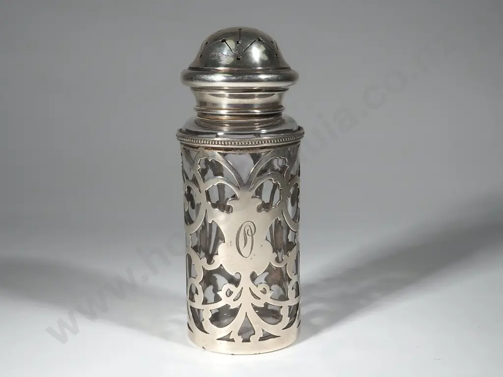 Sterling Silver Overlay & Glass Sugar Shaker. Hgt 165 mm  Image 1++