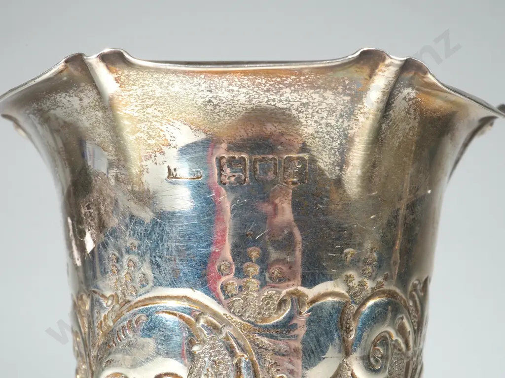 Sterling Silver Embossed Conical Shaped Vase On Later Wooden Base . London 1902 Image 1++