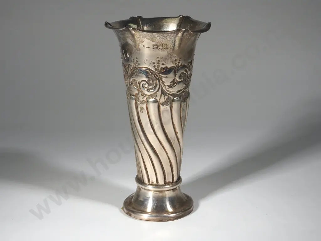 Sterling Silver Embossed Conical Shaped Vase On Later Wooden Base . London 1902 Image 1++