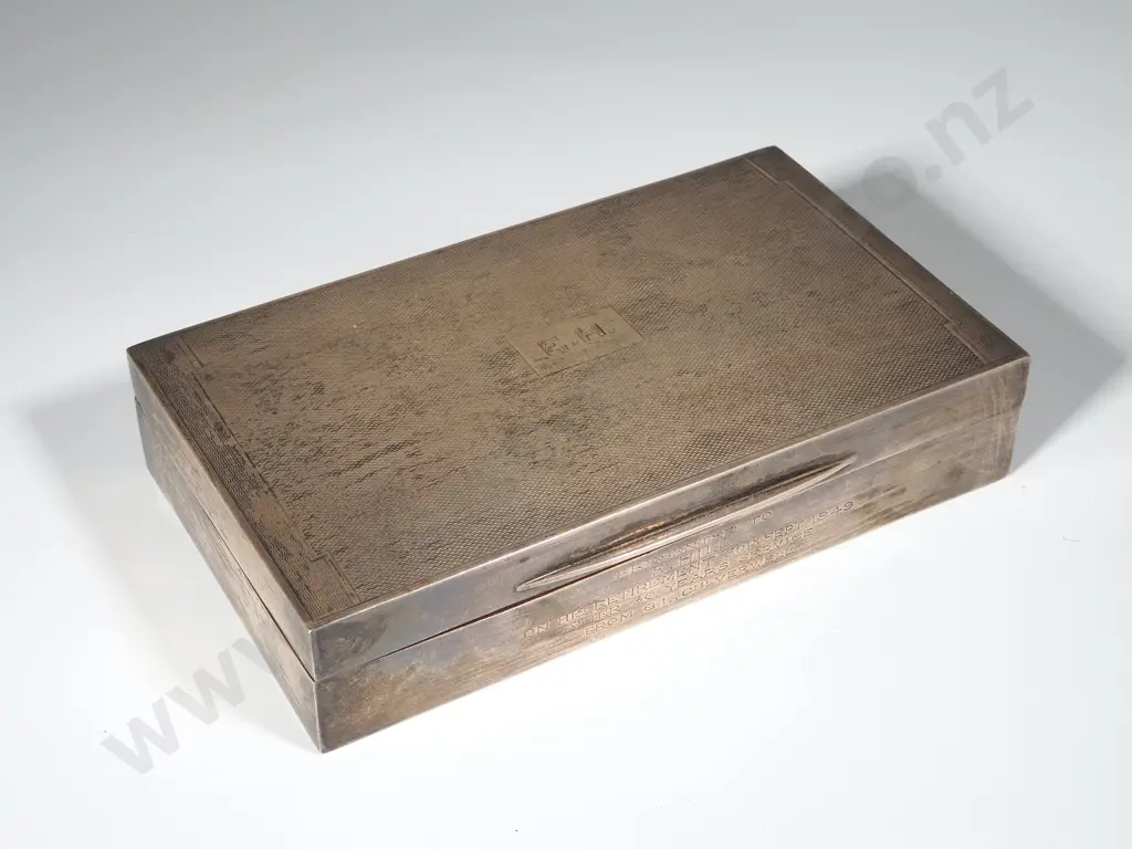 Sterling Silver Cigar Box w Ceder Lining - Presented to E. Hill - On His Retirement on 30th September 1949 Image 1++