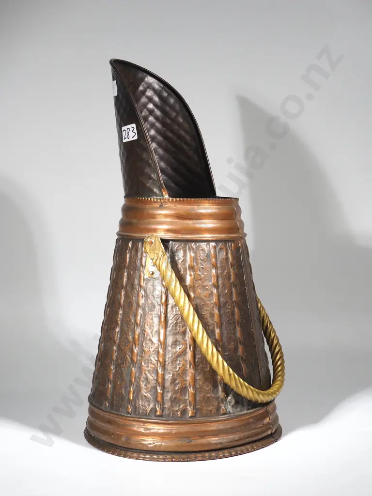 Copper Coal Scuttle w Embossed Decoration Image 1++