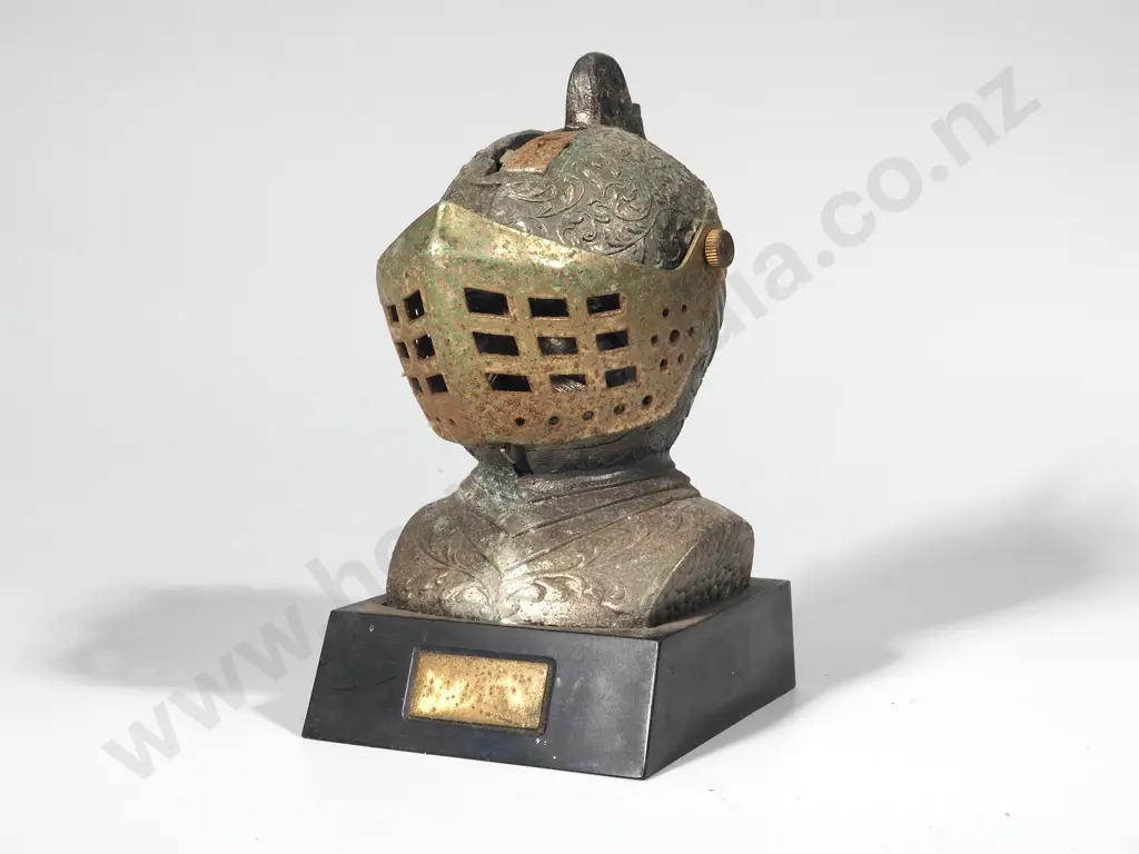 Vintage Table Lighter Mechanical Metal Knight Head w Armour Helmet on Plastic Plinth Japan Image 1++