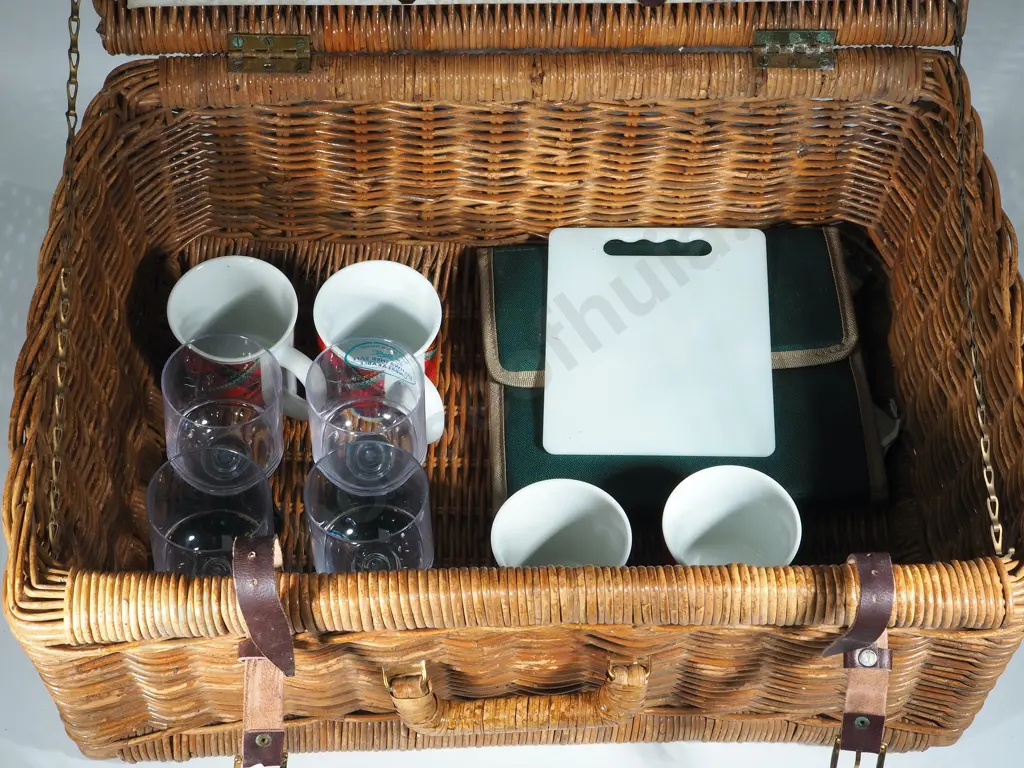 Vintage Wicker Picnic Basket Complete with Cutlery & China Image 1++