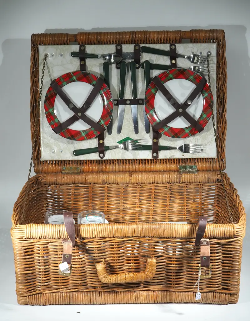 Vintage Wicker Picnic Basket Complete with Cutlery & China Image 1++