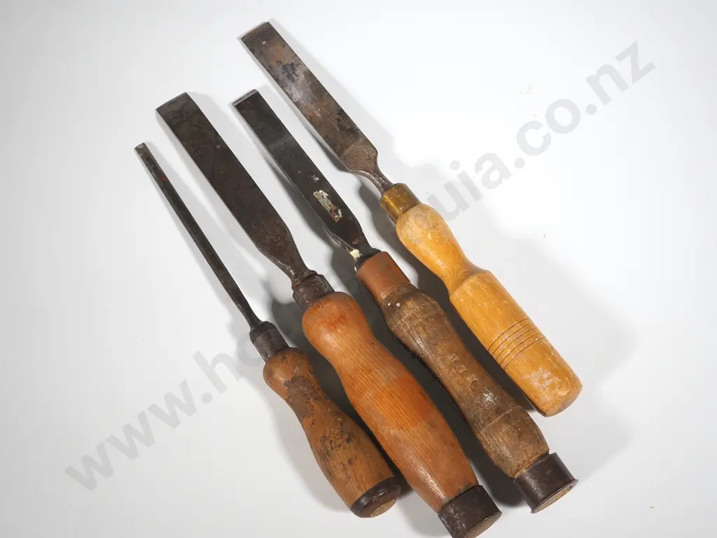 Four Antique Wood Handled Chisels Image 1++