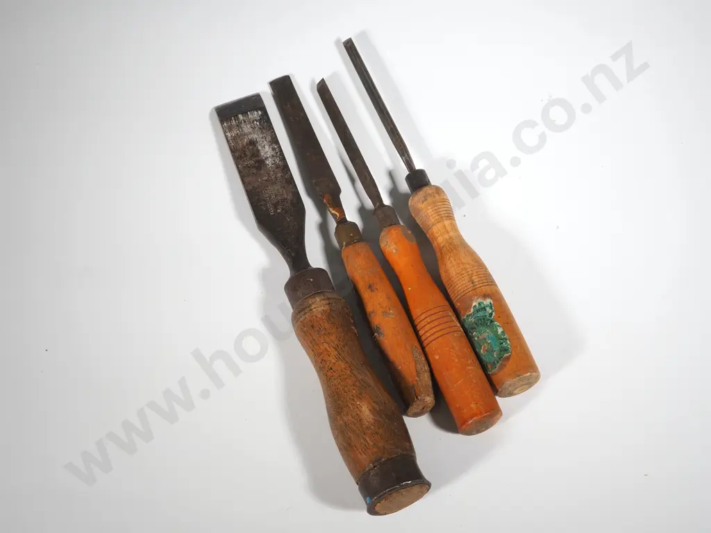 Four Antique Wood Handled Chisels Image 1++