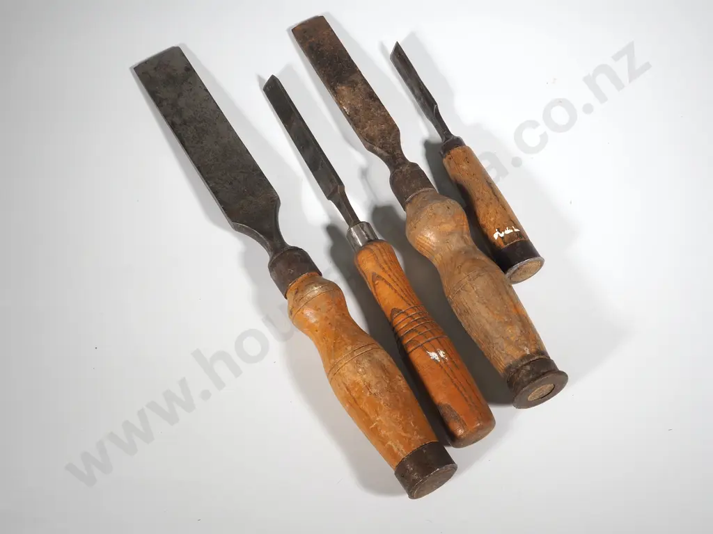 Four Antique Wood Handled Chisels Image 1++