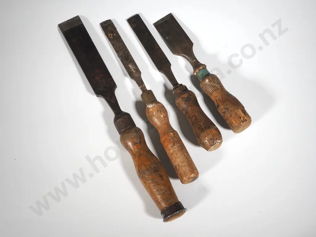 Four Antique Wood Handled Chisels - One A/F Image 1++