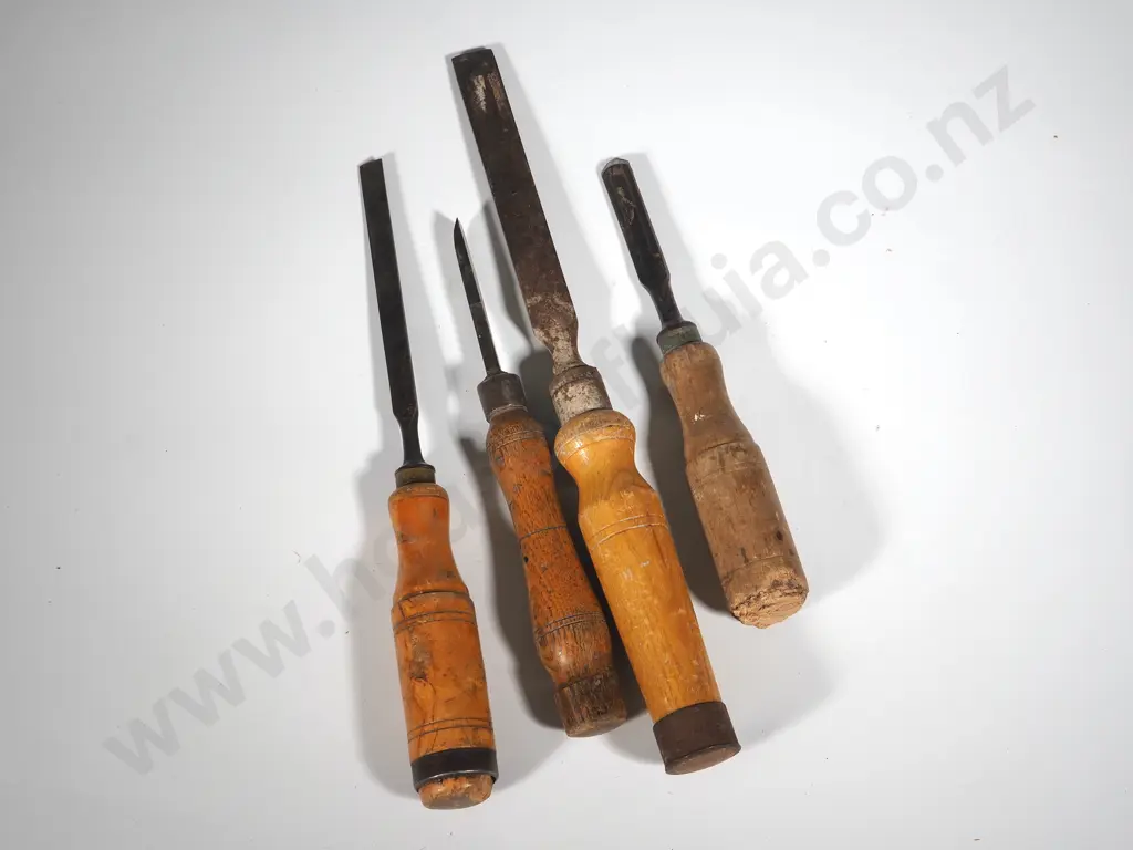 Four Antique Wood Handled Chisels Image 1++