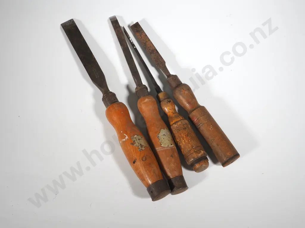 Four Antique Wood Handled Chisels Image 1++