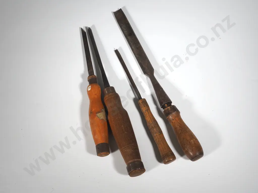Four Antique Wood Handled Chisels One A/F Image 1++