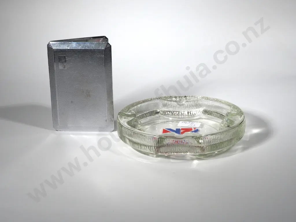 One NZ Flad Branded Glass Ashtray & One Vintage S/P Cigarette Case (Engraved ERS) Image 1++