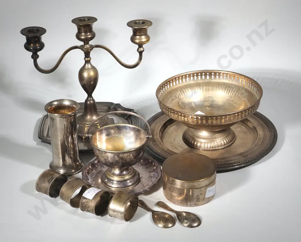Collection Of Silver Plated Cutlery including Salvers, Napkin Ring, Candelabra, Vase, Sugar Bowl & Cannister Image 1++