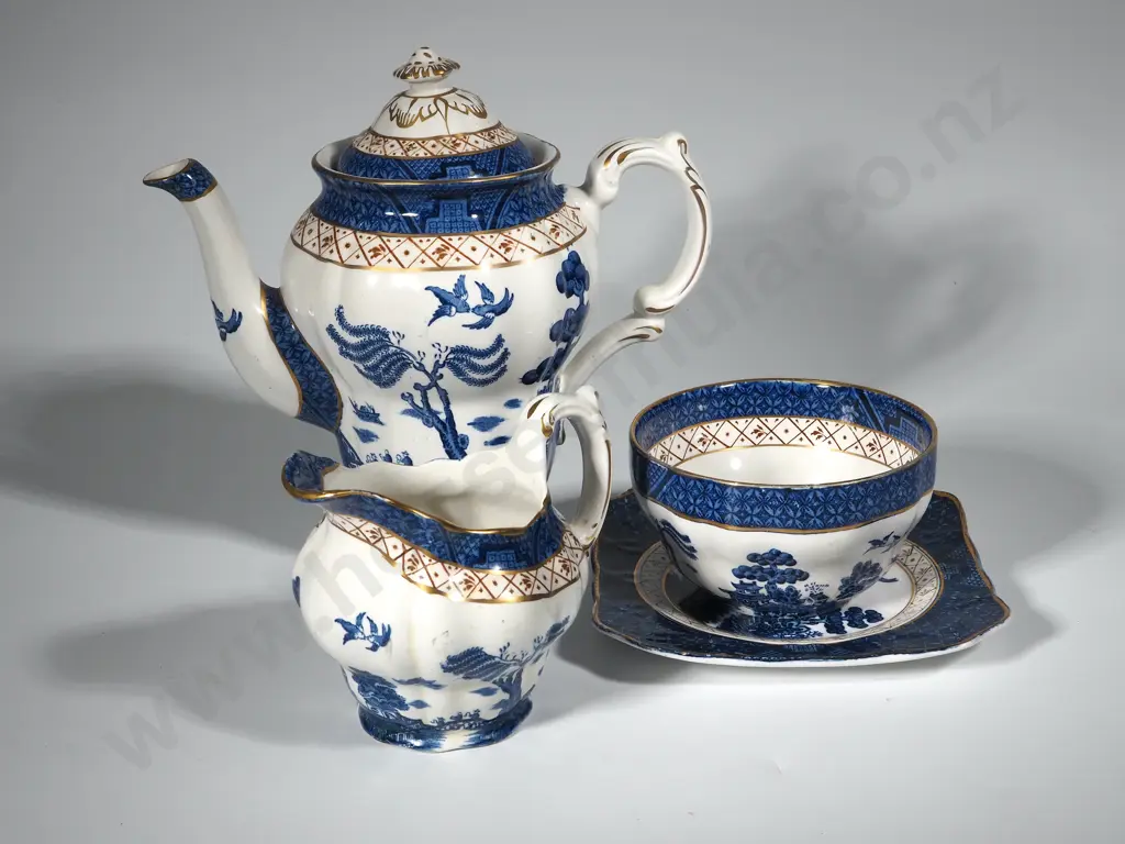 Booths " Real Old Willow Square Plate, Milk Jug, Sugar Bowl & Coffee Pot Image 1++