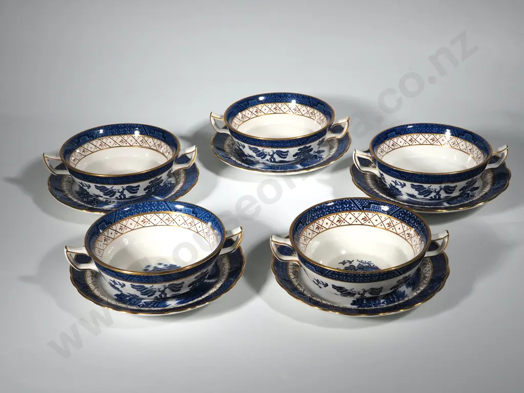 Five Soup Double Handles Six Booths " Real Old Willow" Soup Bowls  Image 1++
