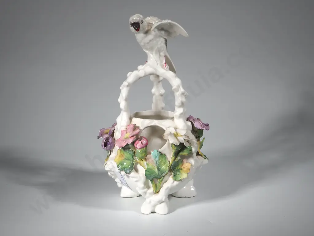 Ornate White Ground Basket with Applied Flowers & Parrot  Image 1++