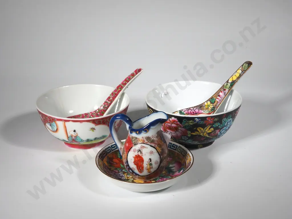 Two Oriental Bowls & Soup Spoons, Small Gilt Oriental Dish & Jug  Image 1++