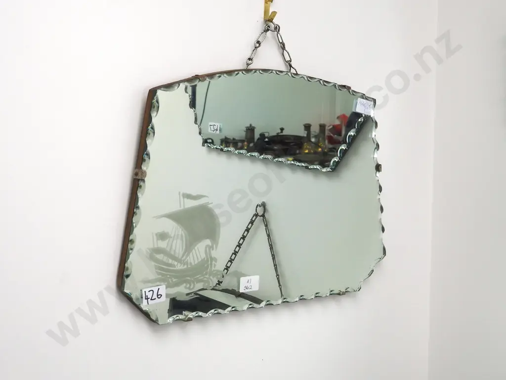 Art Deco Wood Mounted Mirror w Scalloped Edges & Frosted Ship Image 1++