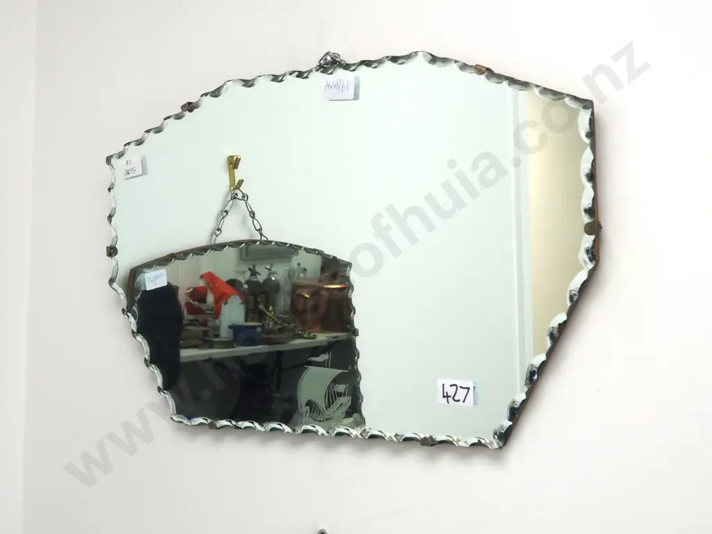 Art Deco Wood Mounted Mirror w Scalloped Edges Image 1++