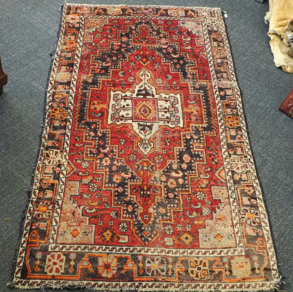 Red Ground Hand Knotted Rug With Geometric Pattern  Image 1++