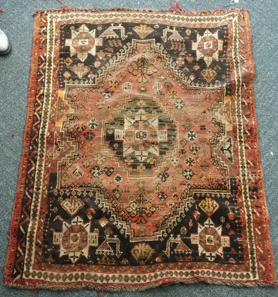 Red Ground Hand Knotted Rug. Damaged w Holes & Repairs Image 1++
