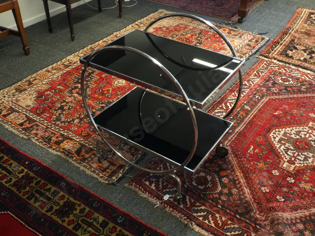 Art Deco Black Glass & Chrome Trolley Image 1++