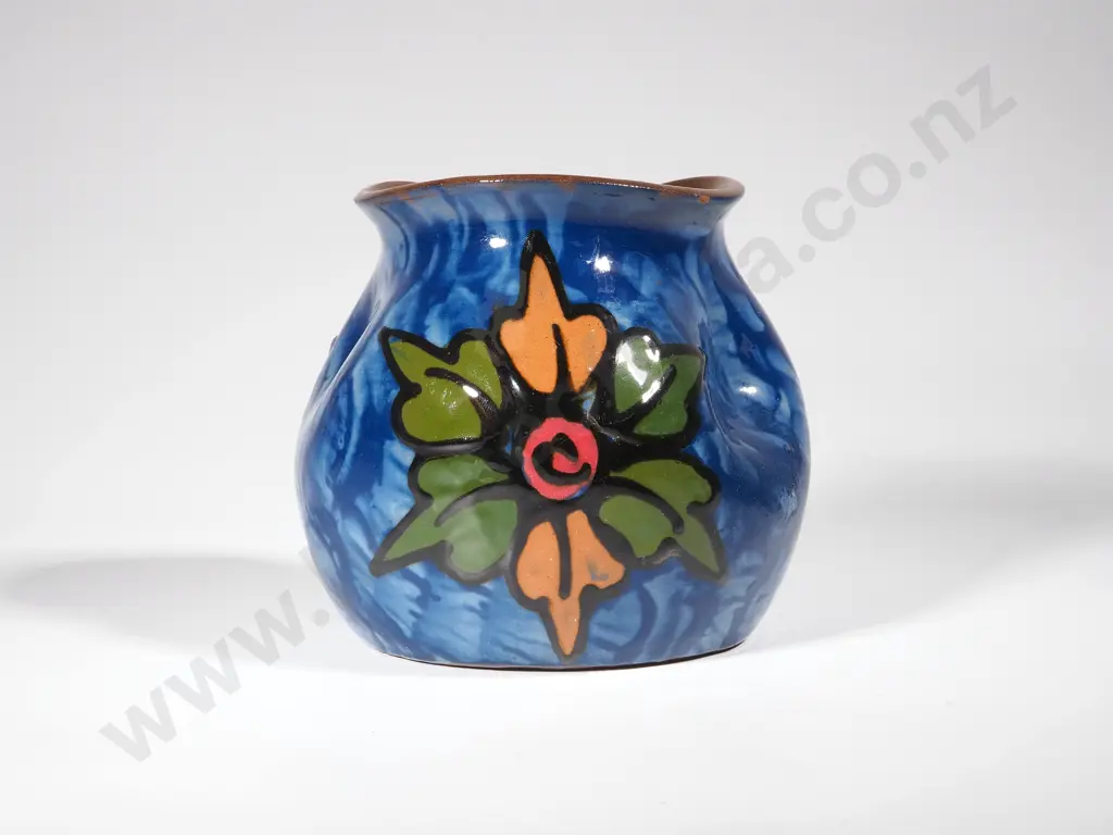 Blue Ground Torquay-ware Vase w Stylised Floral Decoration Image 1++
