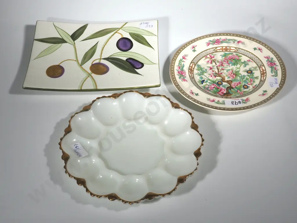 Ducal Plate "Indian Tree", Opaque Glass Egg Serving Dish, Serving Dish & Four Small  Bowls. Image 1++