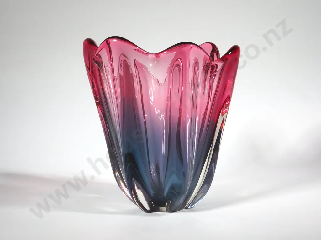 Vintage Art Glass Fluted & Ribbed Cranberry Vase. Image 1++
