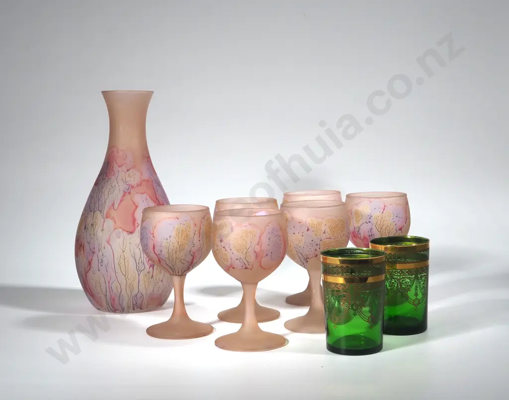 Hand Blown Decanter & Six Matching Wine Glasses & Two Green Gold Embossed Beaker  Image 1++