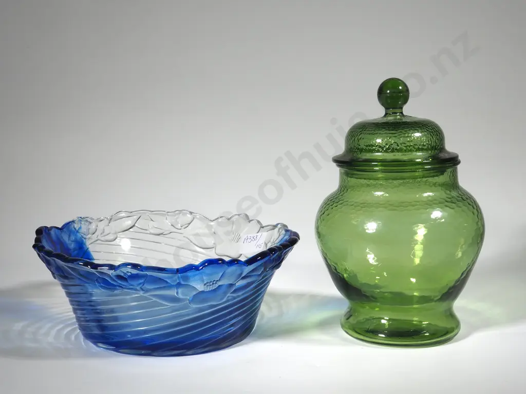Blue Glass Bowl & green Glass Lidded Jar Image 1++