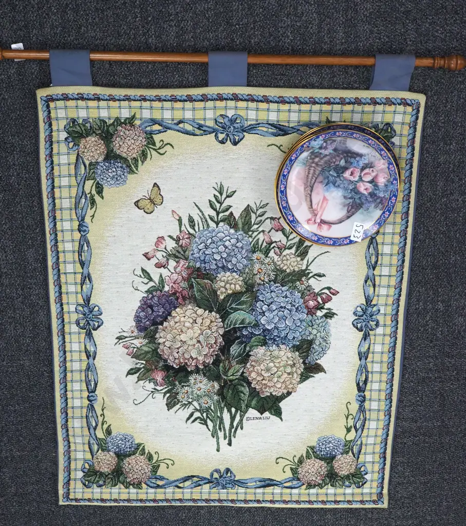 Hanging Tapestry on Wooden Rod w Decorative Plates by Same Artist Image 1++
