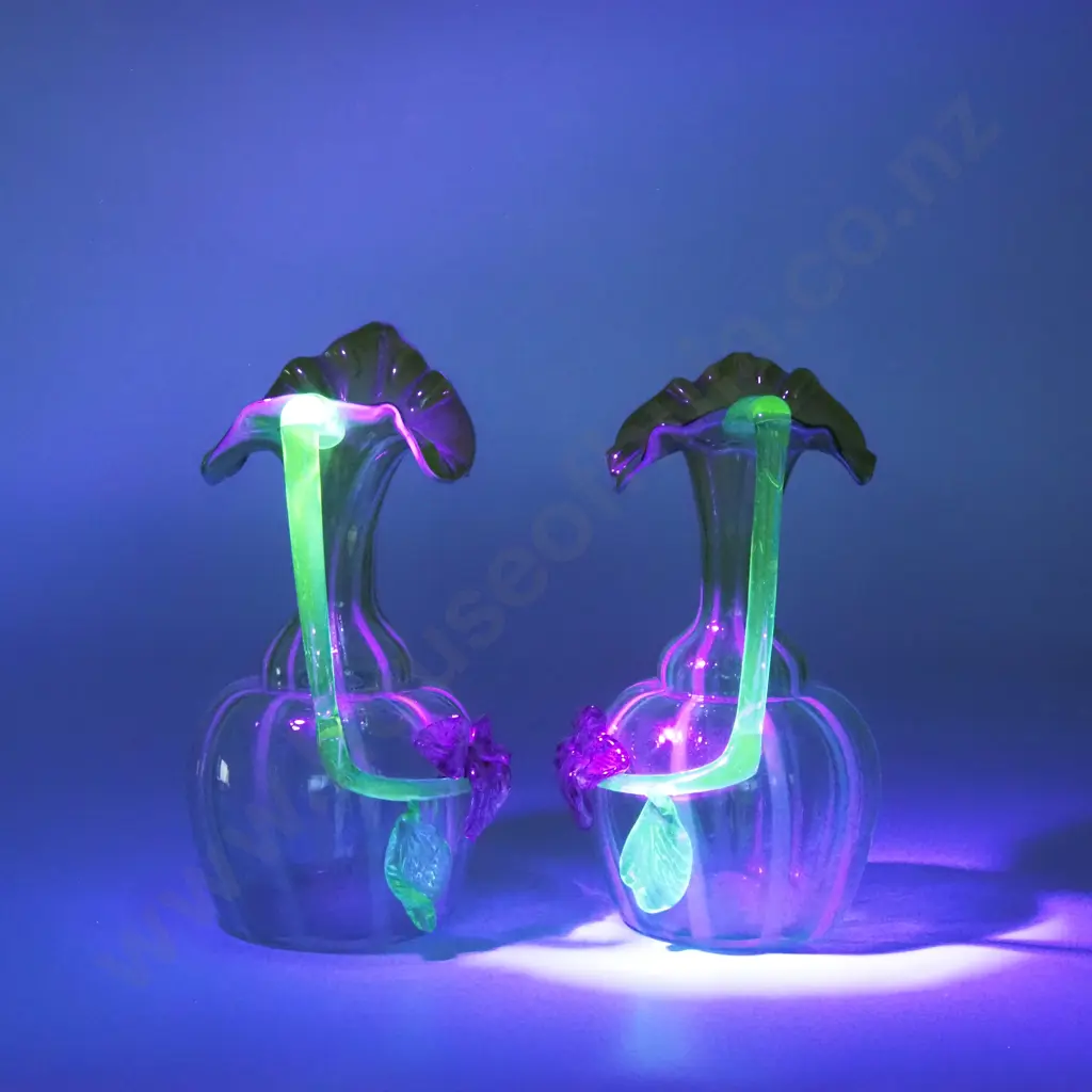 Pair Of Early 20th Century Uranium Glass Handled Specimen Vases Image 1++