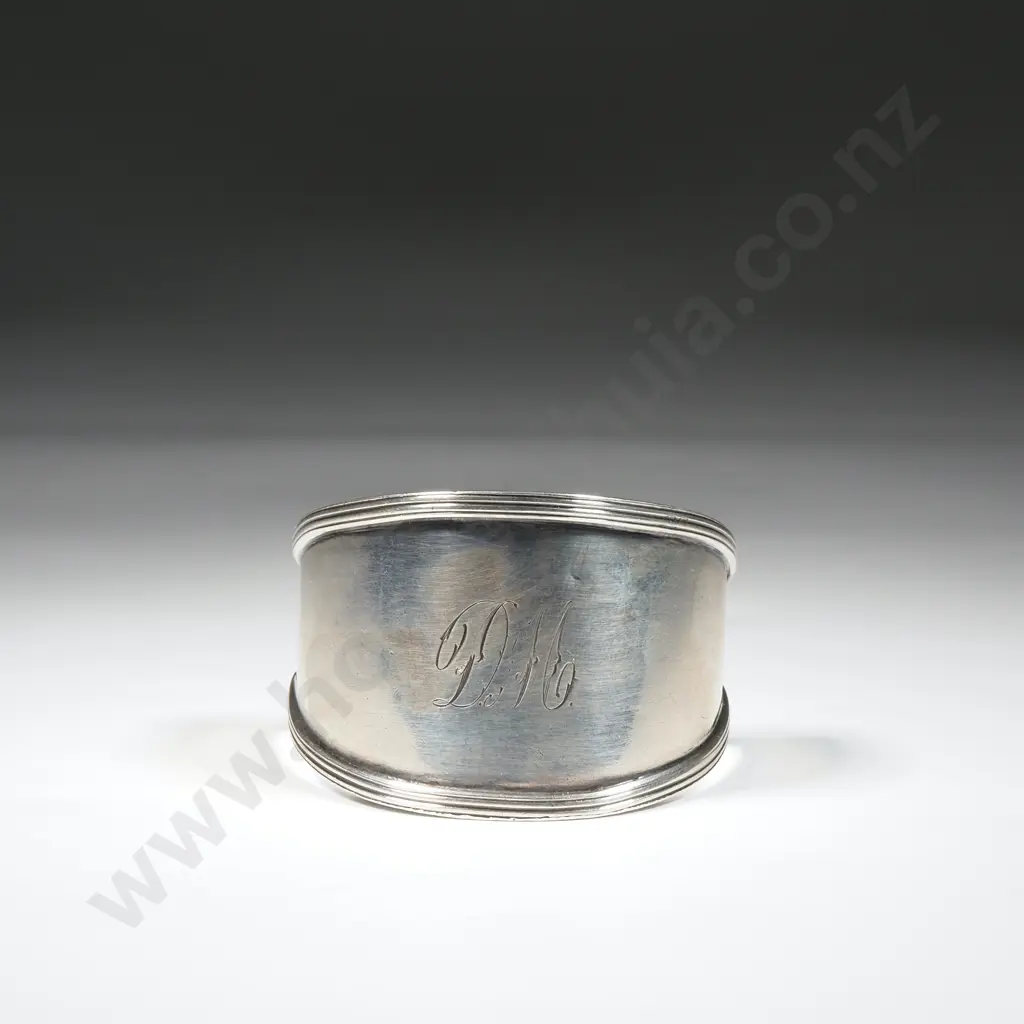 Sterling Silver Half Moon Serviette Ring With Ribbed Rim - Initialed DM Image 1++