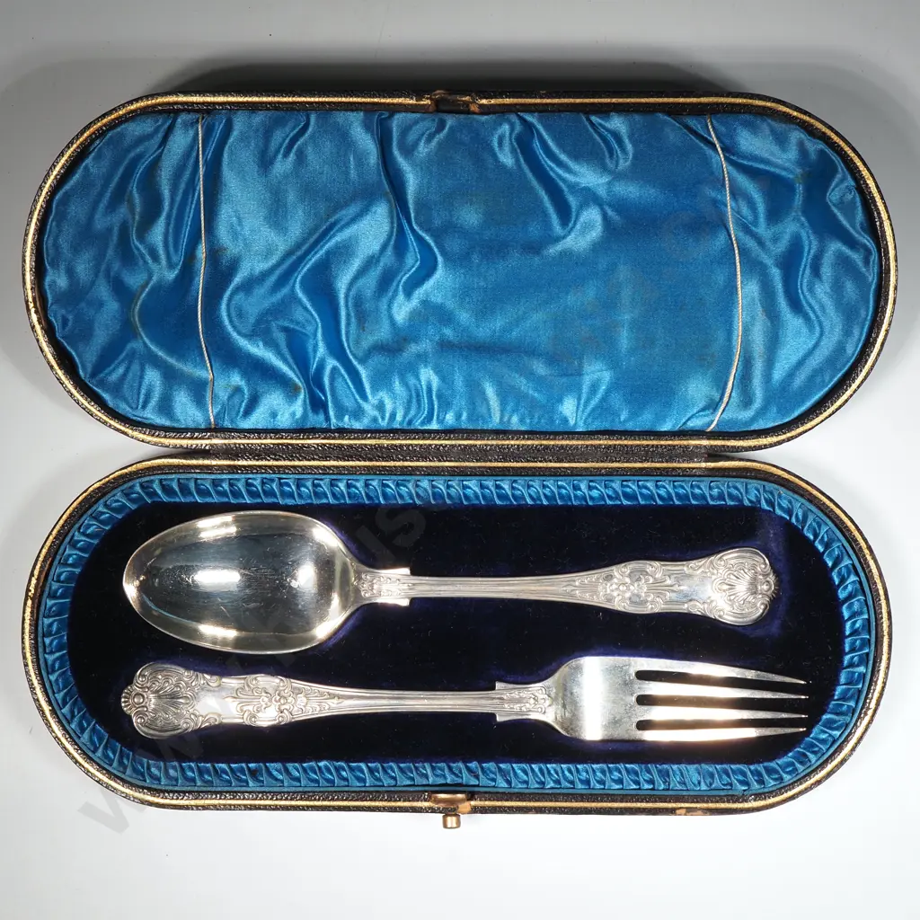 Boxed Victorian Christening Set Containing A Sterling Silver Child's Knife & Fork In The Queen's Pattern Sheffield 1894 Image 1++
