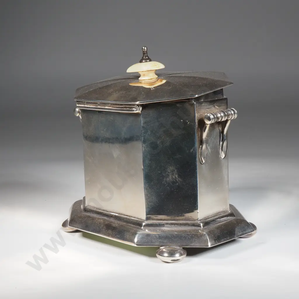 Sterling Silver Octagonal Tea Caddy w Ivory Finial - Birm 1912 Image 1++