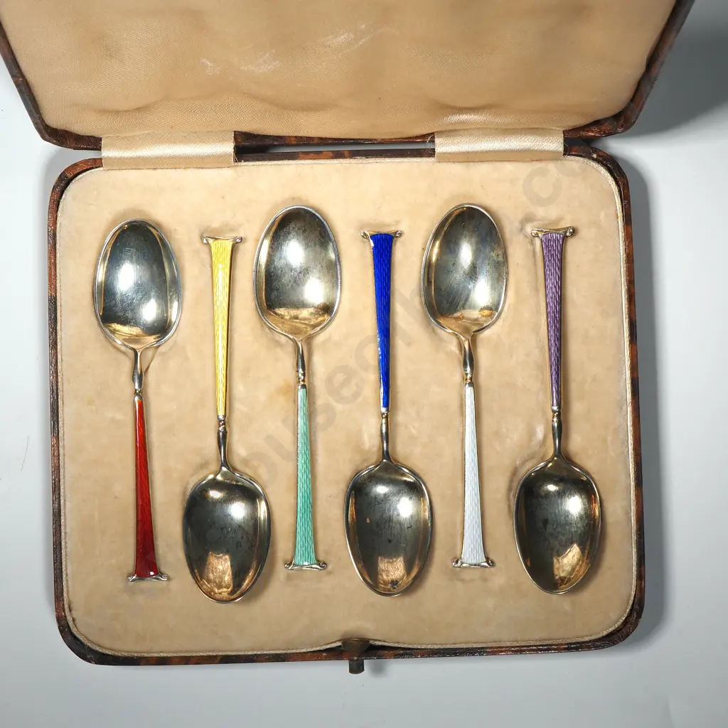 Cased Antique Sterling Silver Gilded Guilloche Enamel Coffee Spoons. Birm 1939 Image 1++