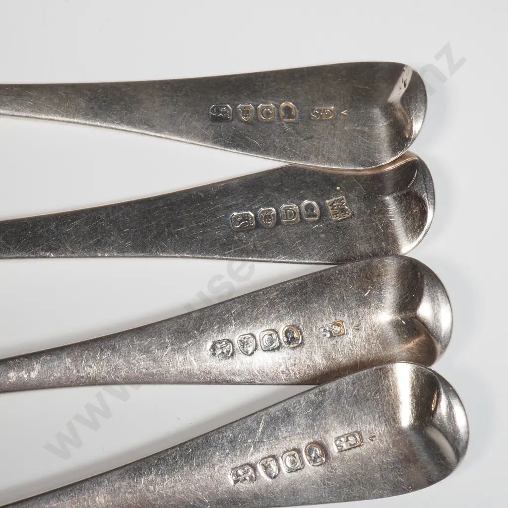 Four Sterling Silver Soup Spoons w Matching Engraved Crest - London 1798 Image 1++
