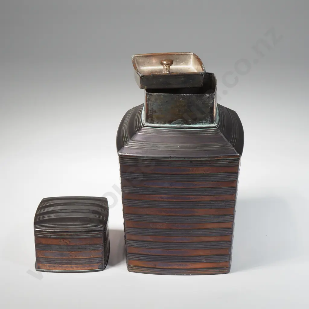 Silver Plate On Copper Tea Caddy w Horizontal Ribbed Decoration w Internal Stopper Image 1++