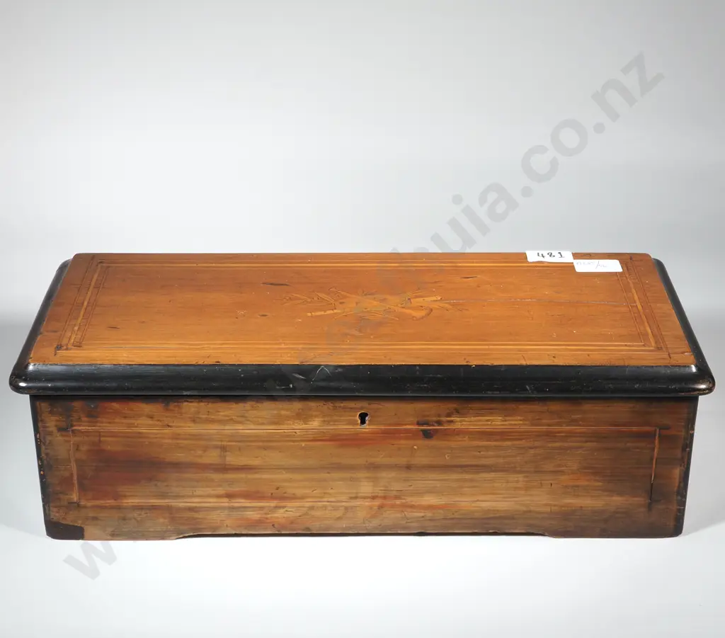 Antique Swiss Cylinder Music Box w Walnut Case & Intricate Marquetry Inlay Image 1++