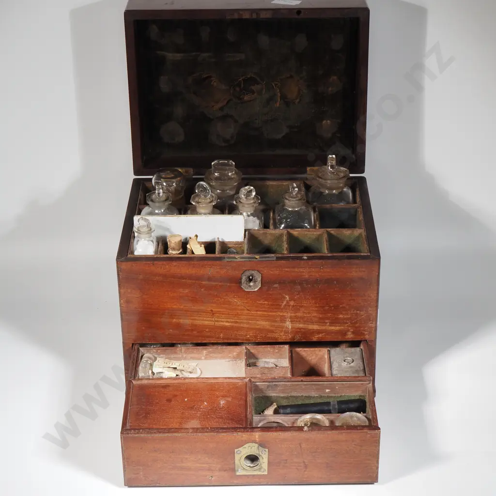 Antique Mahogany Apothecary Box Or Medicine Chest w Military Style Brass Handles & Two Layers Complete w Bottles Image 1++