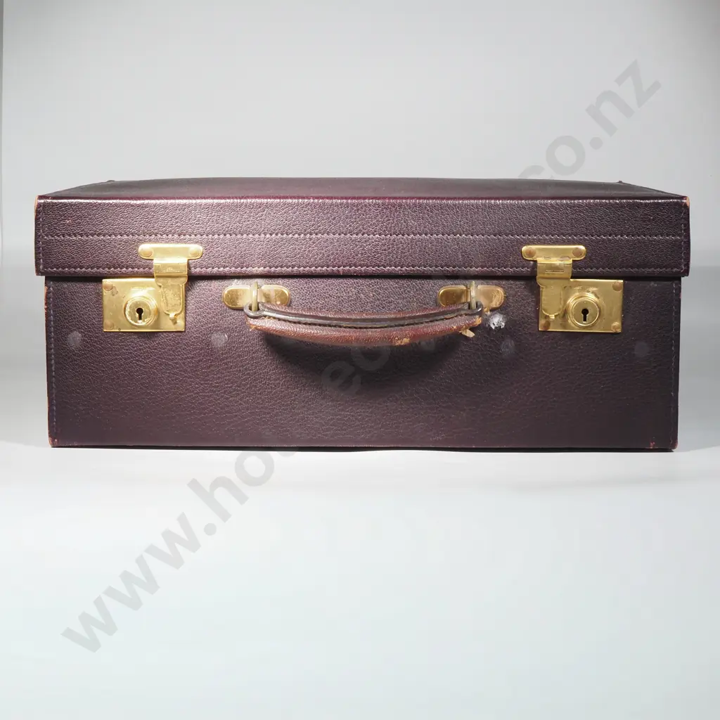 Vintage Gentleman's Leather Travelling Companion/Suitcase w Canvas Covering - The Fitted Interior w Purple Watered Silk Image 1++
